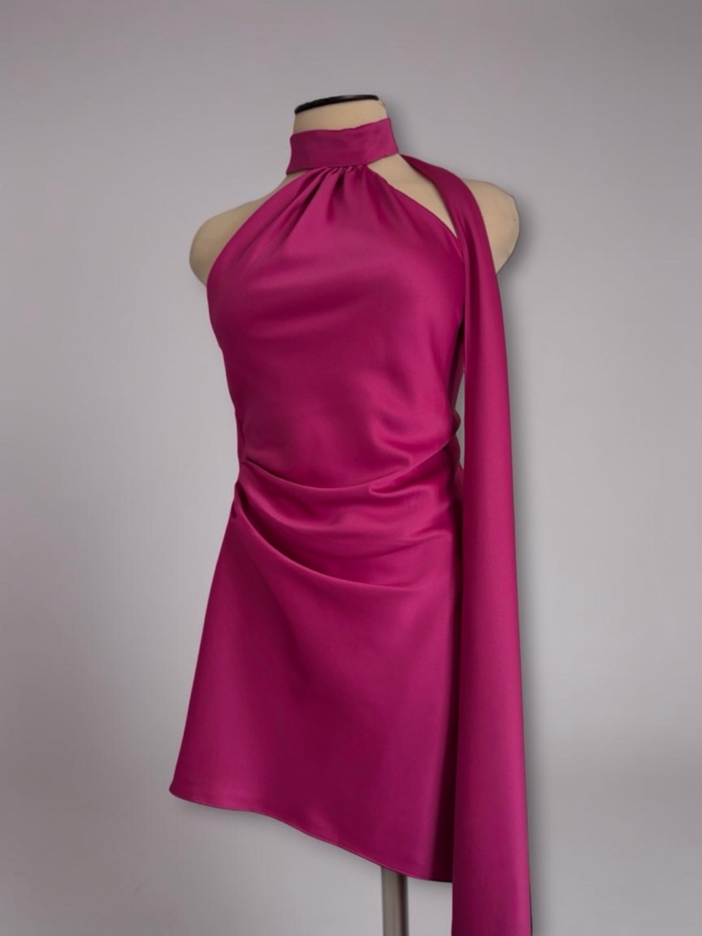 ✨SALE House of CB Aida Asymmetric Wrap Neck Halter Scarf Drape Pink Mini Dress - Picture 2 of 10